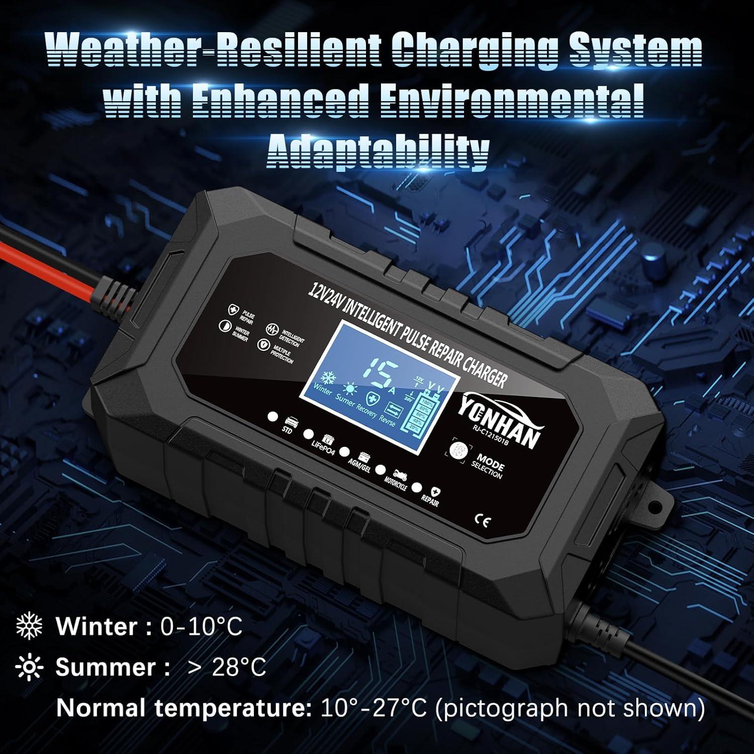 Cargador de Batería YONHAN 15A 12V/24V Inteligente Automático