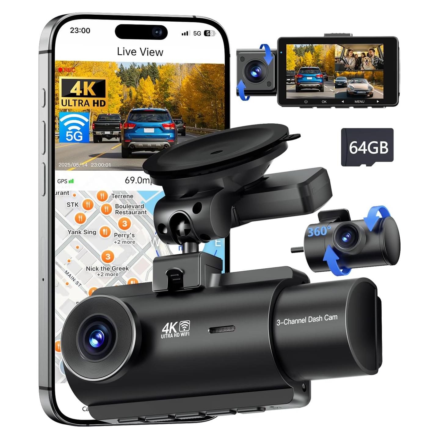 Cámara Dash 4K QCONTROL J08 Pro 3 Canales GPS WiFi 24/7