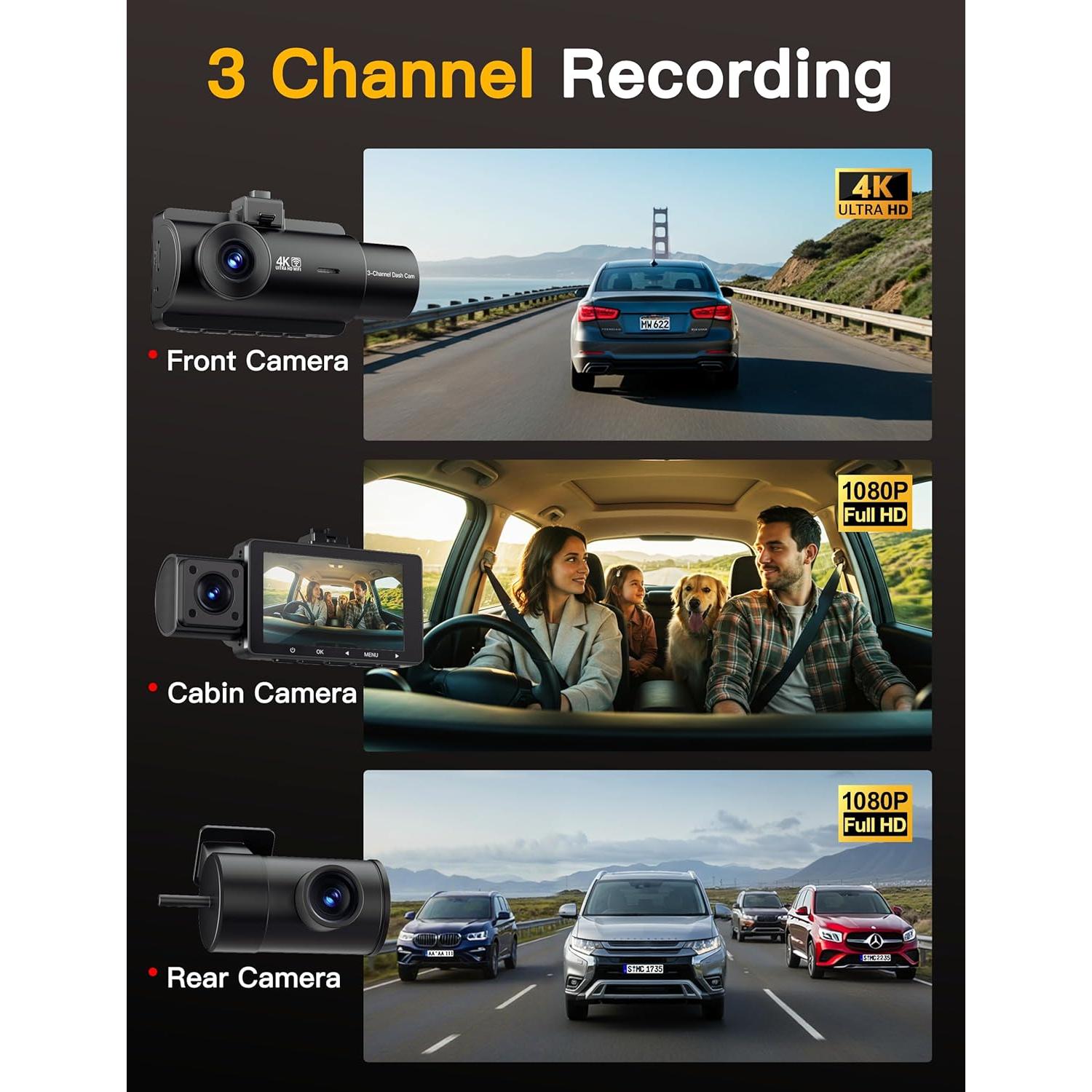 Cámara Dash 4K QCONTROL J08 Pro 3 Canales GPS WiFi 24/7