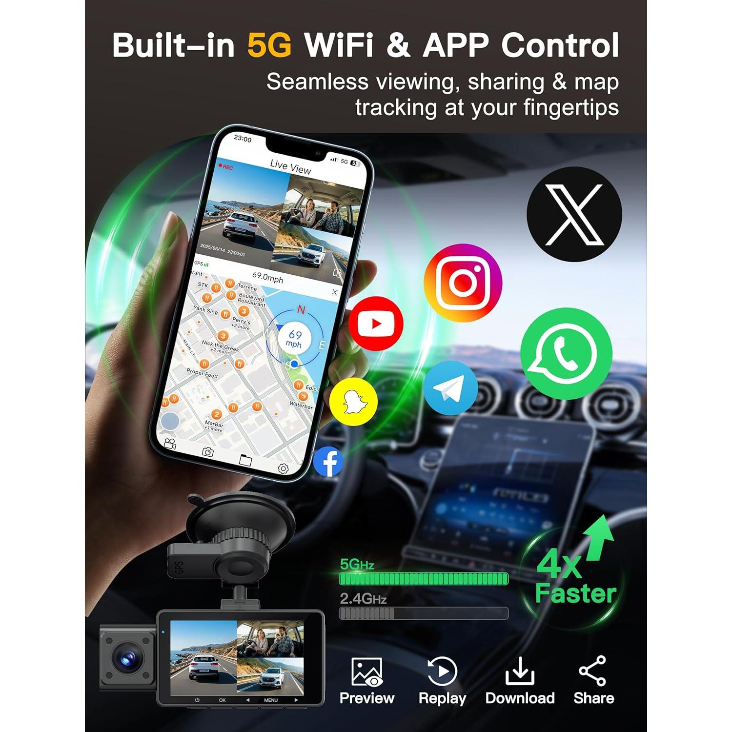 Cámara Dash 4K QCONTROL J08 Pro 3 Canales GPS WiFi 24/7