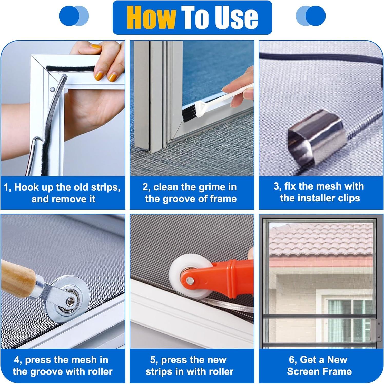 14PCS Window Screen Repair Kit, COITEK Mesh Screen Spline Roller Repair Tools Kit with 10PCS Screen Installer Clips, Screen Roller Tool, Metal and Plastic Spline Fixing Tool Kit for Window Screen