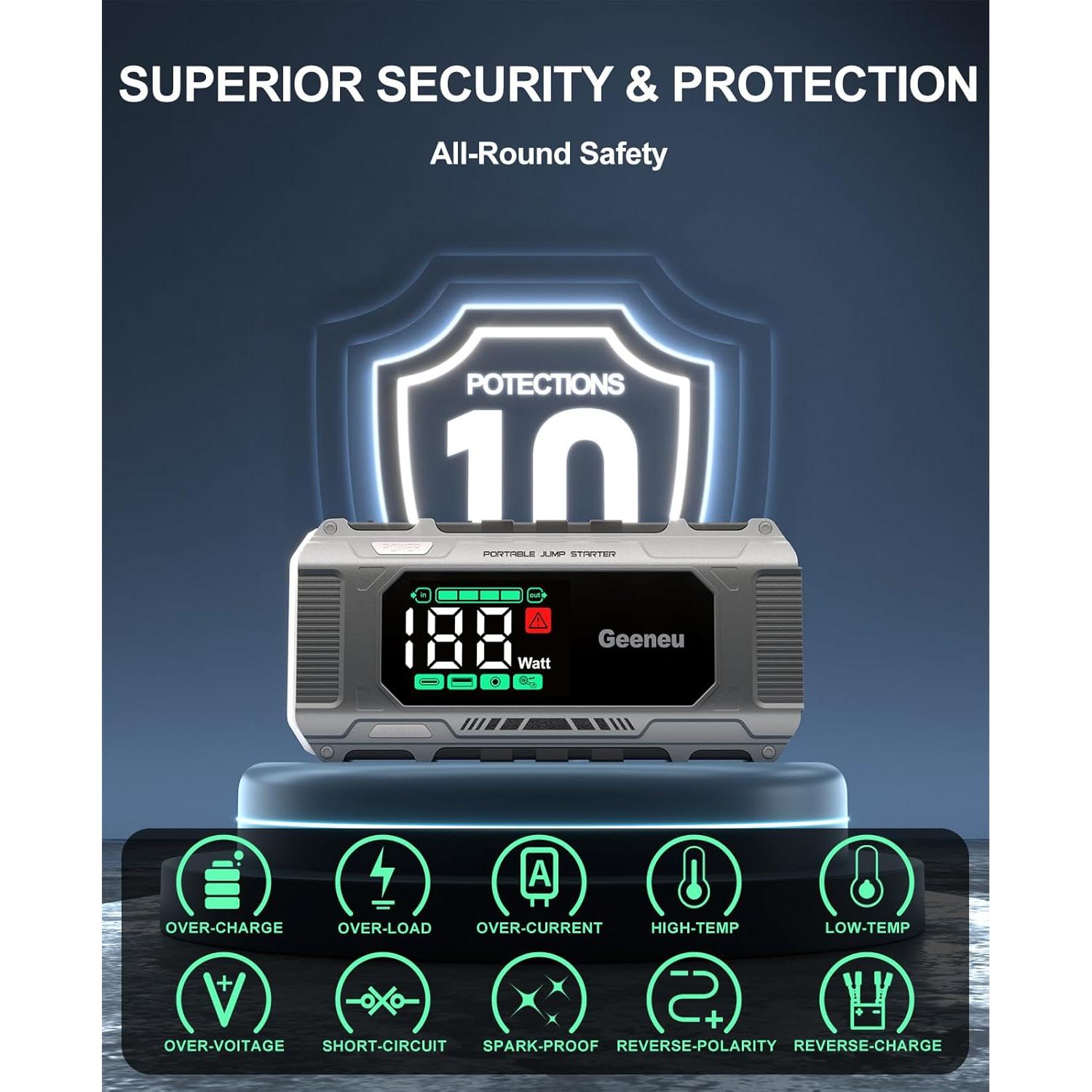 Arrancador de Batería Geeneu W26 8000A 65W Carga Rápida