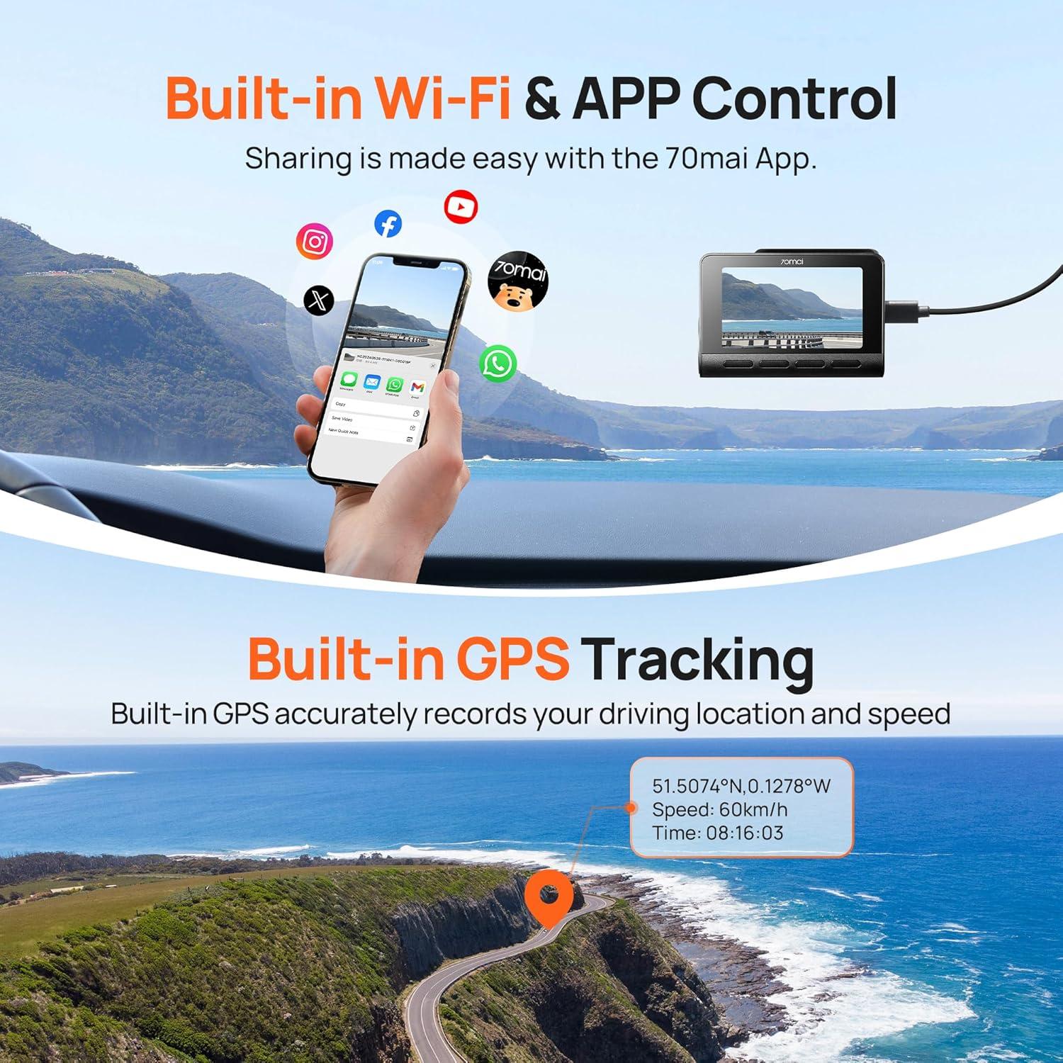 Cámara Dash 4K 70mai A800S con GPS y WiFi 5GHz, Doble Lente