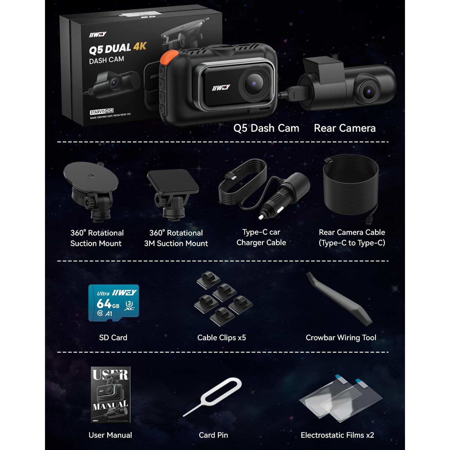 Cámara Dash IIWEY Q5 Doble 4K Delantera y Trasera, Wi-Fi 5G