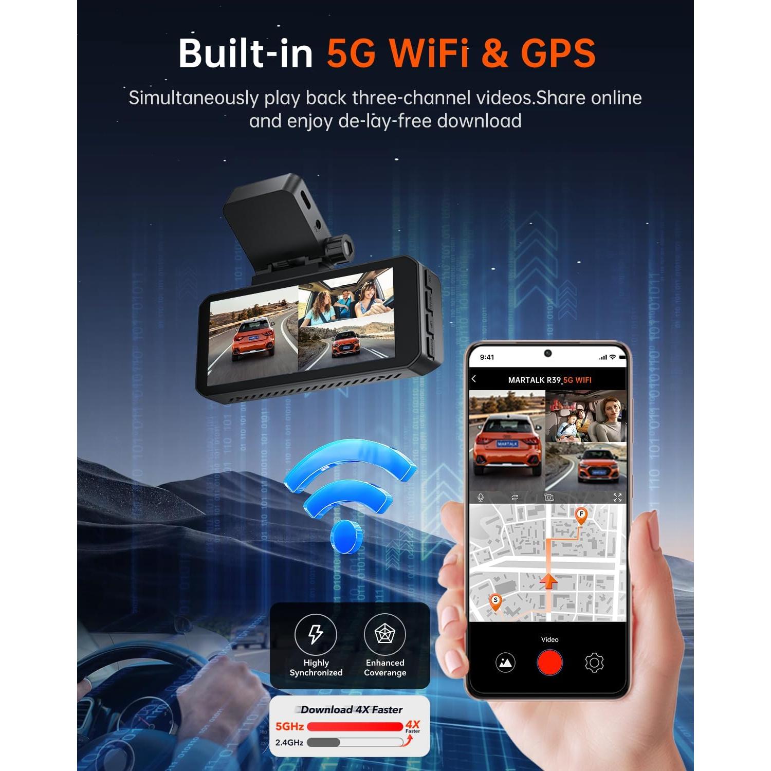 Cámara Dash Martalk R39 5K Triple con GPS y WiFi 5G