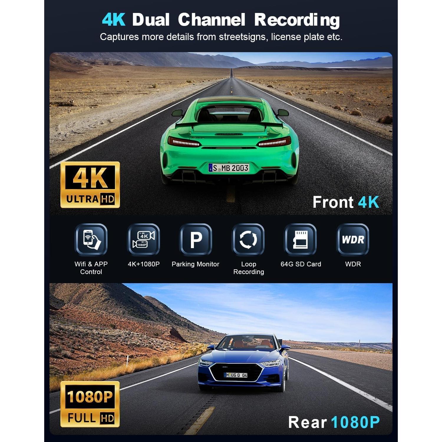 Cámara Dash 4K Delantera y Trasera Zhiroad con WiFi y App