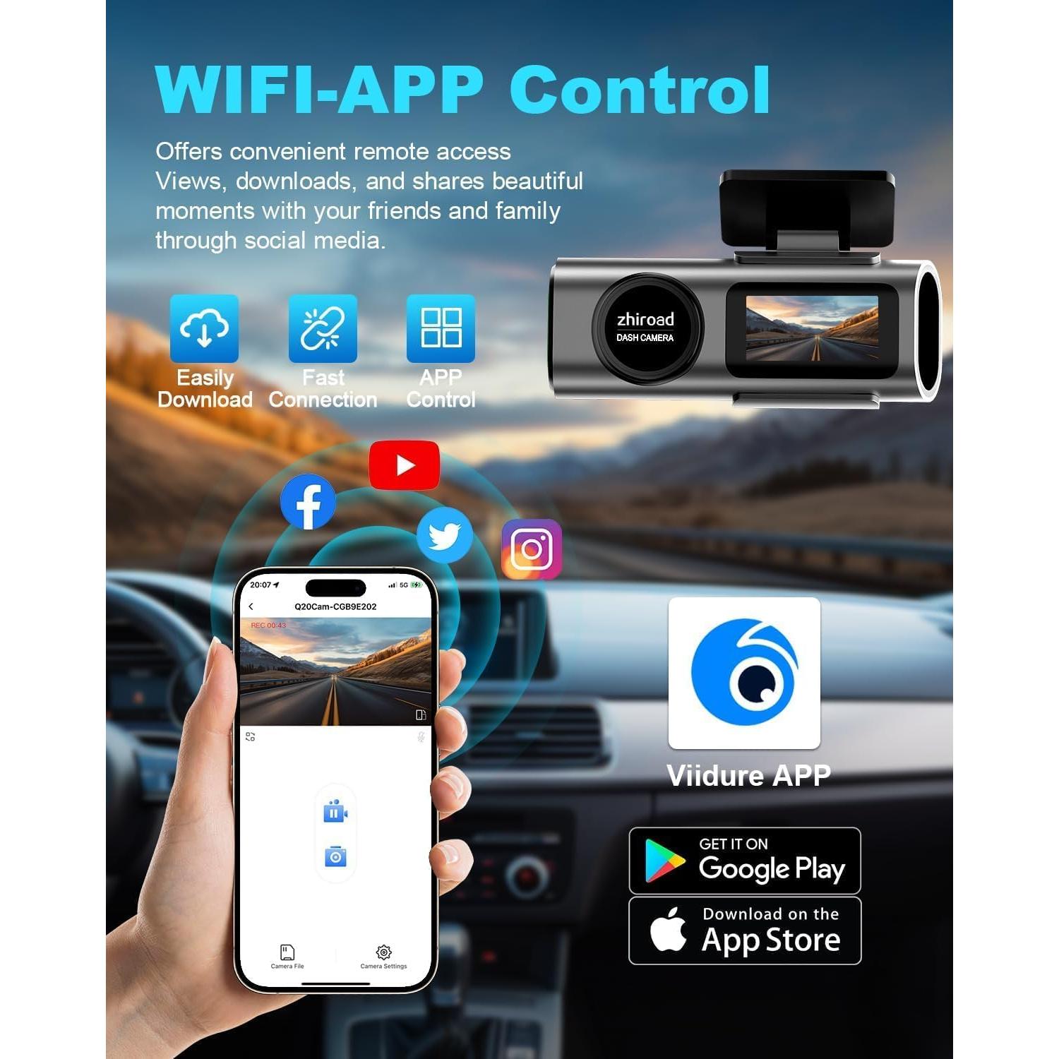 Cámara Dash 4K Delantera y Trasera Zhiroad con WiFi y App