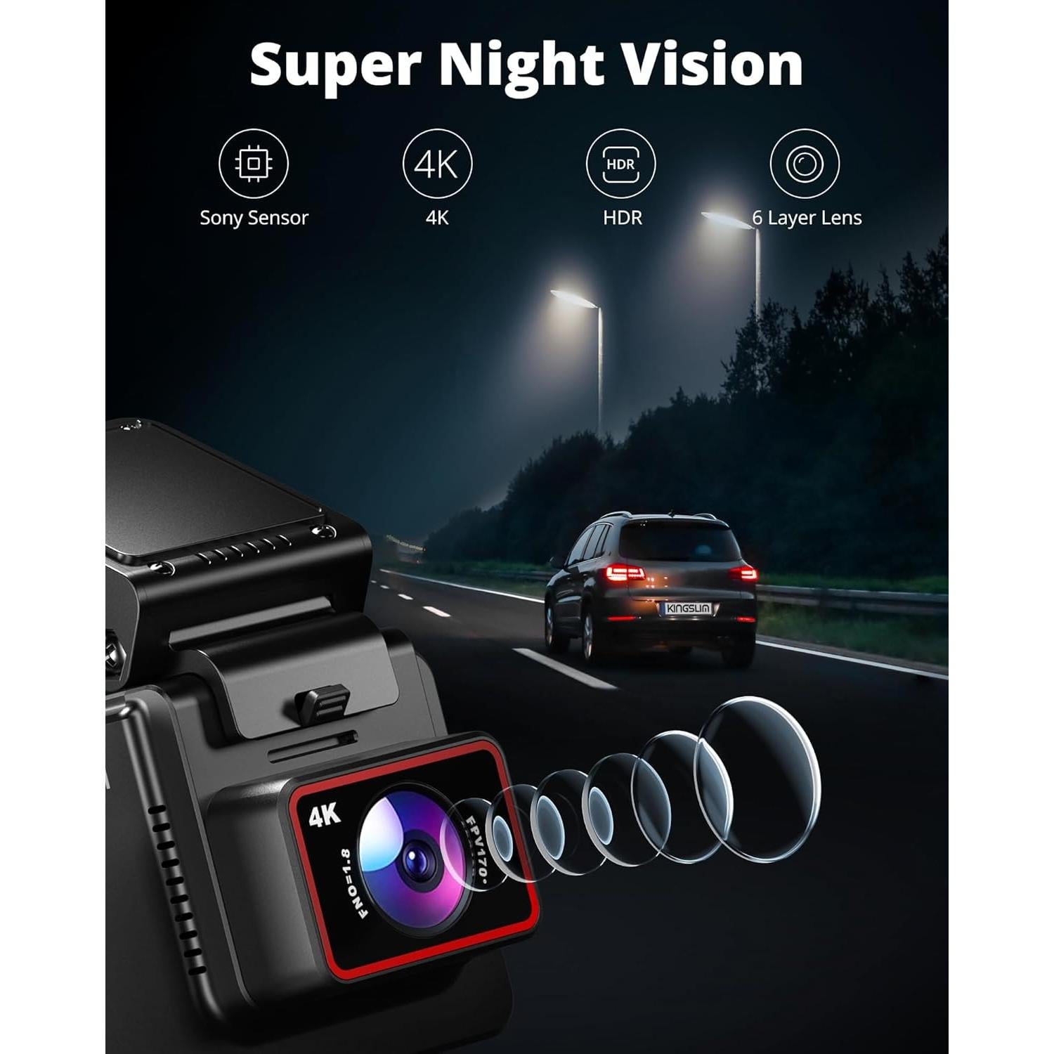 Cámara Dash Kingslim D4 4K Delantera y Trasera con GPS y WiFi