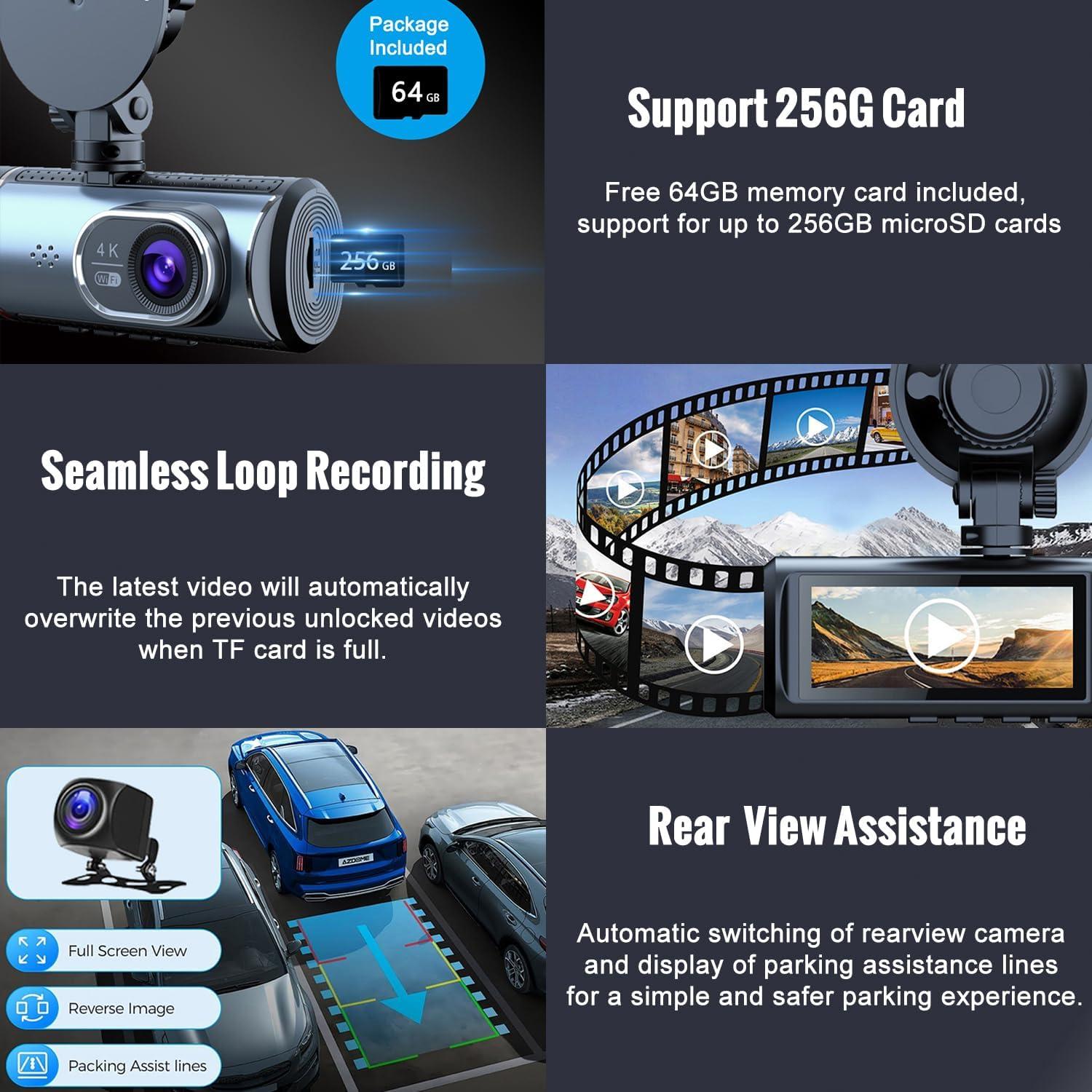 Cámara Dash 4K QiyuanLS 3 Canales con WiFi y Tarjeta 64GB