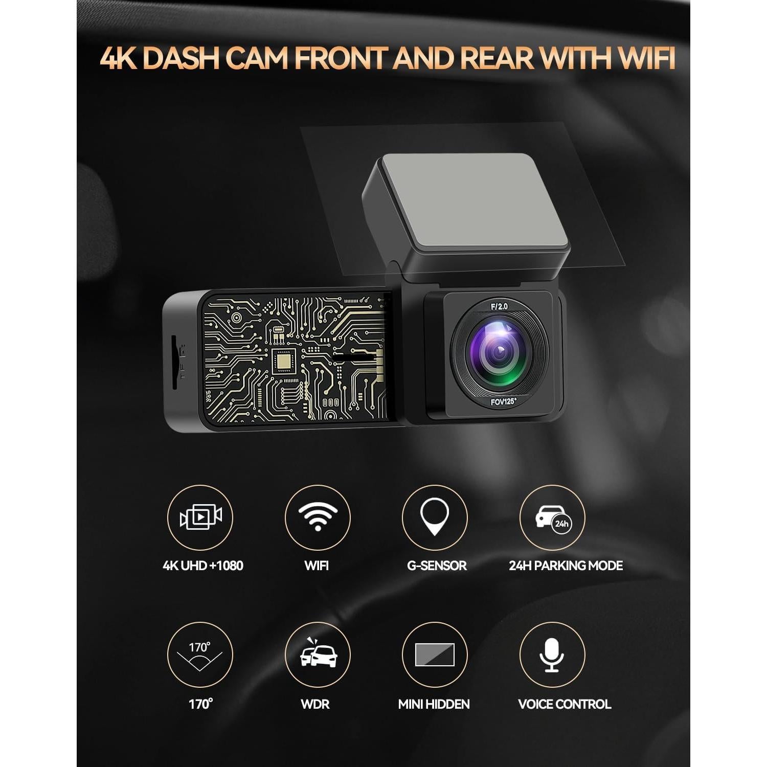 Cámara Dash SPADE 4K Delantera y 1080P Trasera con WiFi