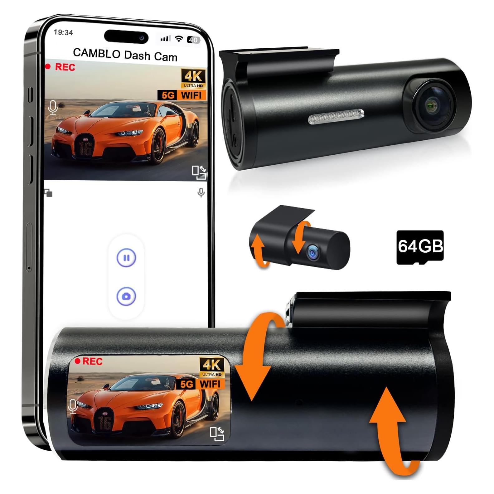 Cámara de Tablero Dual 4K CAMBLO C30D con WiFi y Tarjeta 64GB