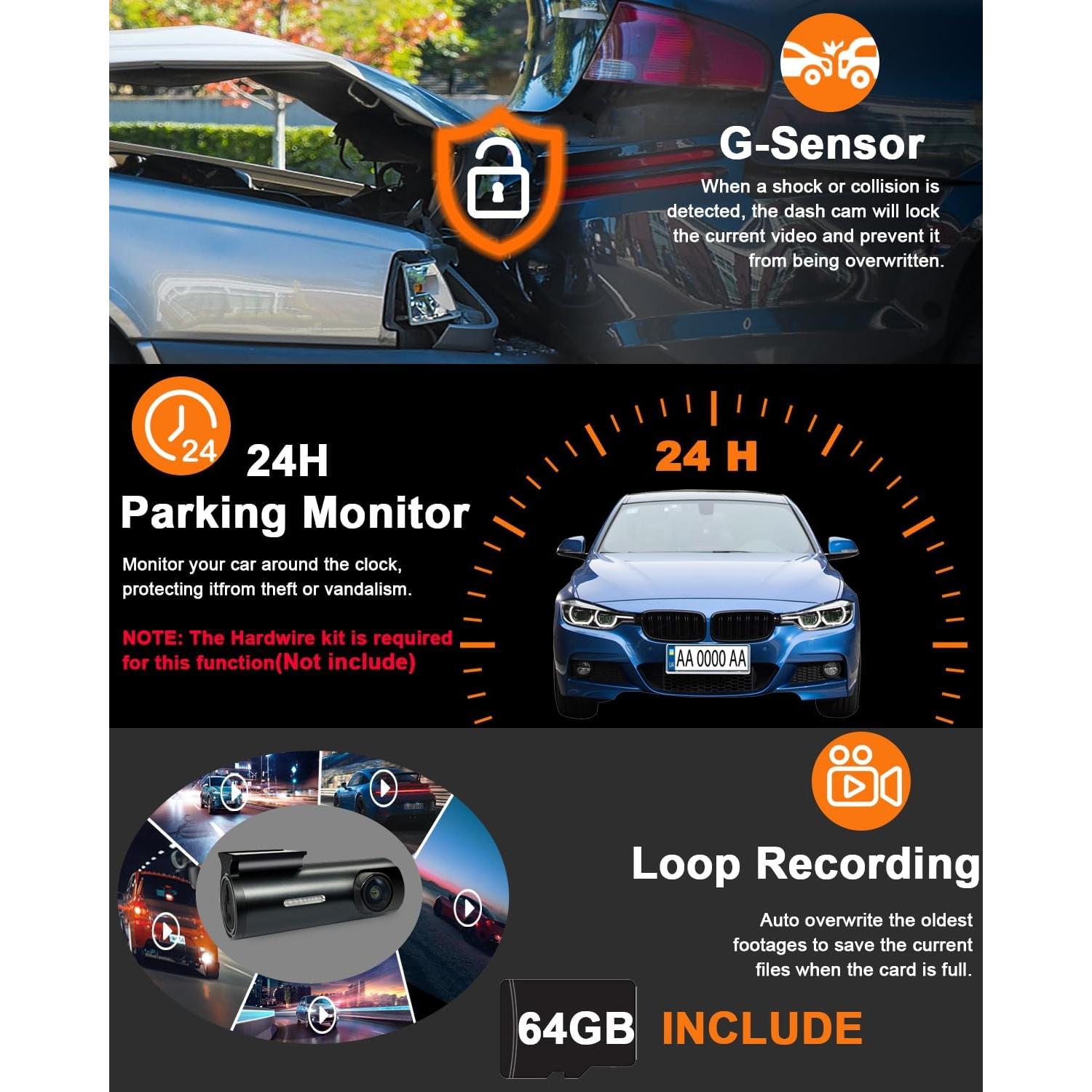 Cámara de Tablero Dual 4K CAMBLO C30D con WiFi y Tarjeta 64GB