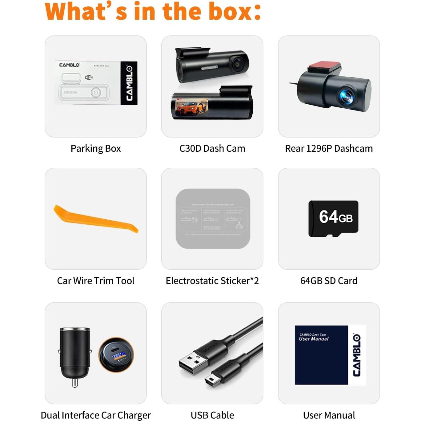 Cámara de Tablero Dual 4K CAMBLO C30D con WiFi y Tarjeta 64GB