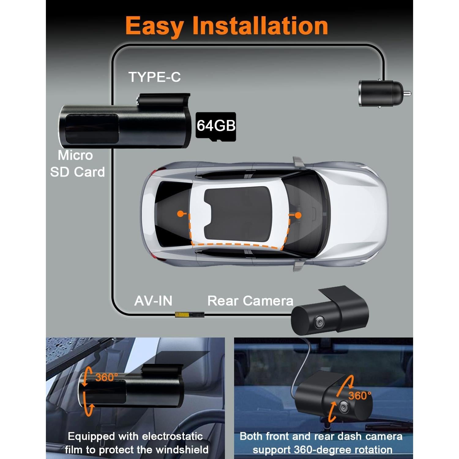 Cámara de Tablero Dual 4K CAMBLO C30D con WiFi y Tarjeta 64GB