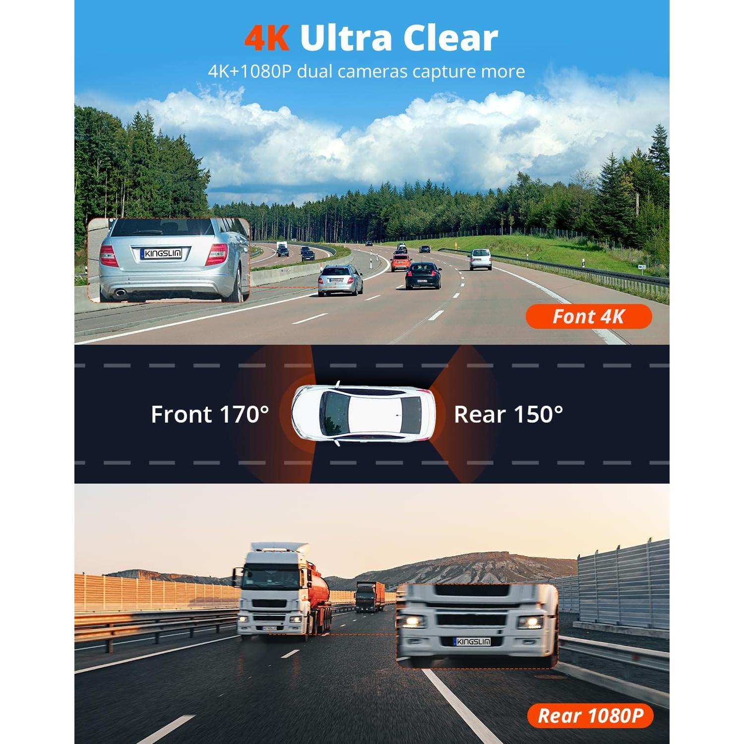 Cámara Dash Kingslim 4K Delantera y Trasera con WiFi 5G