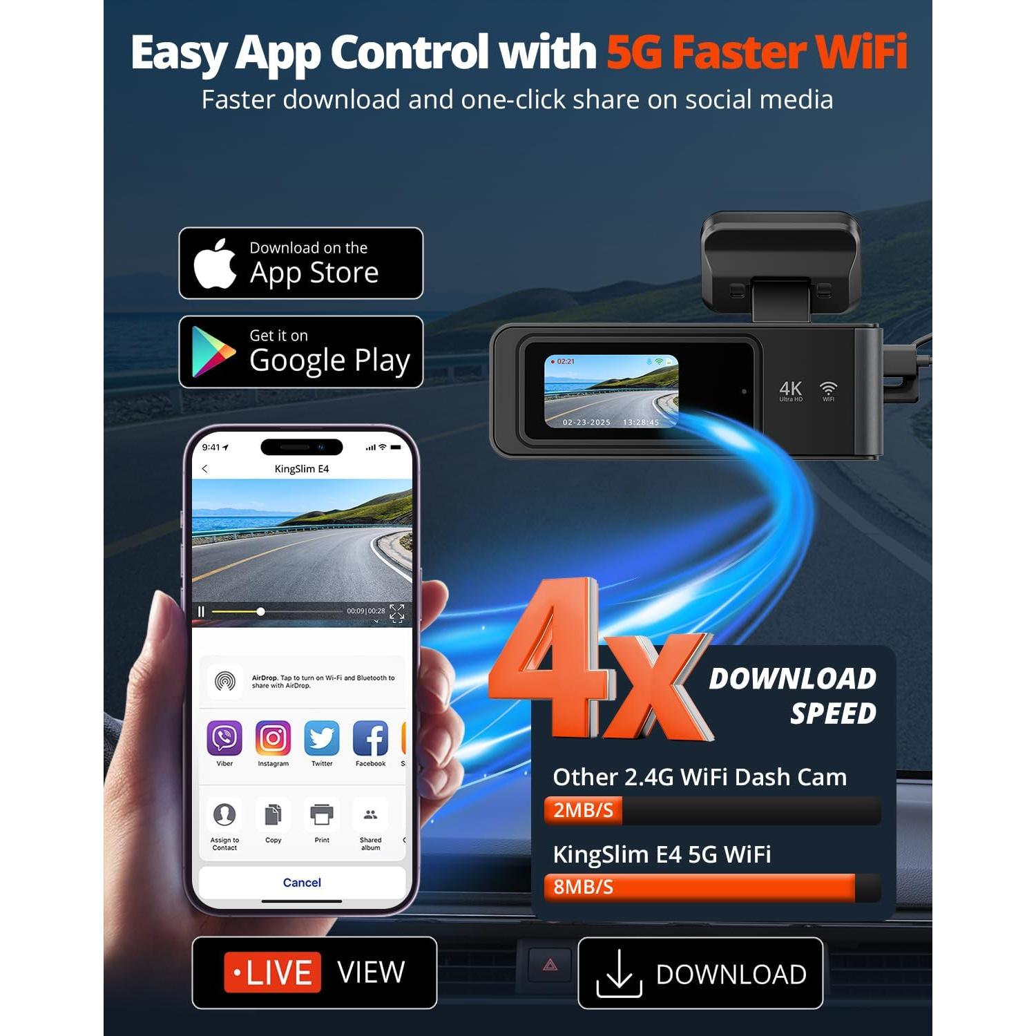 Cámara Dash Kingslim 4K Delantera y Trasera con WiFi 5G