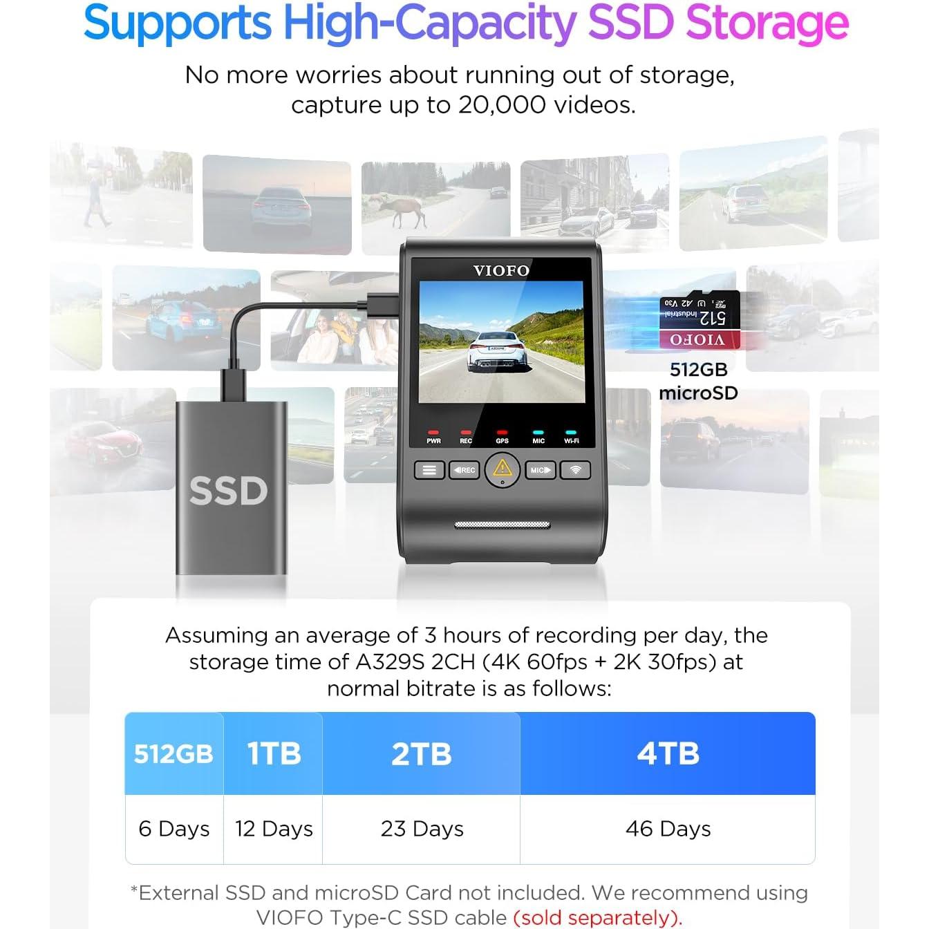 Cámara Dash VIOFO A329S 4K 60FPS Doble Delantera y Trasera