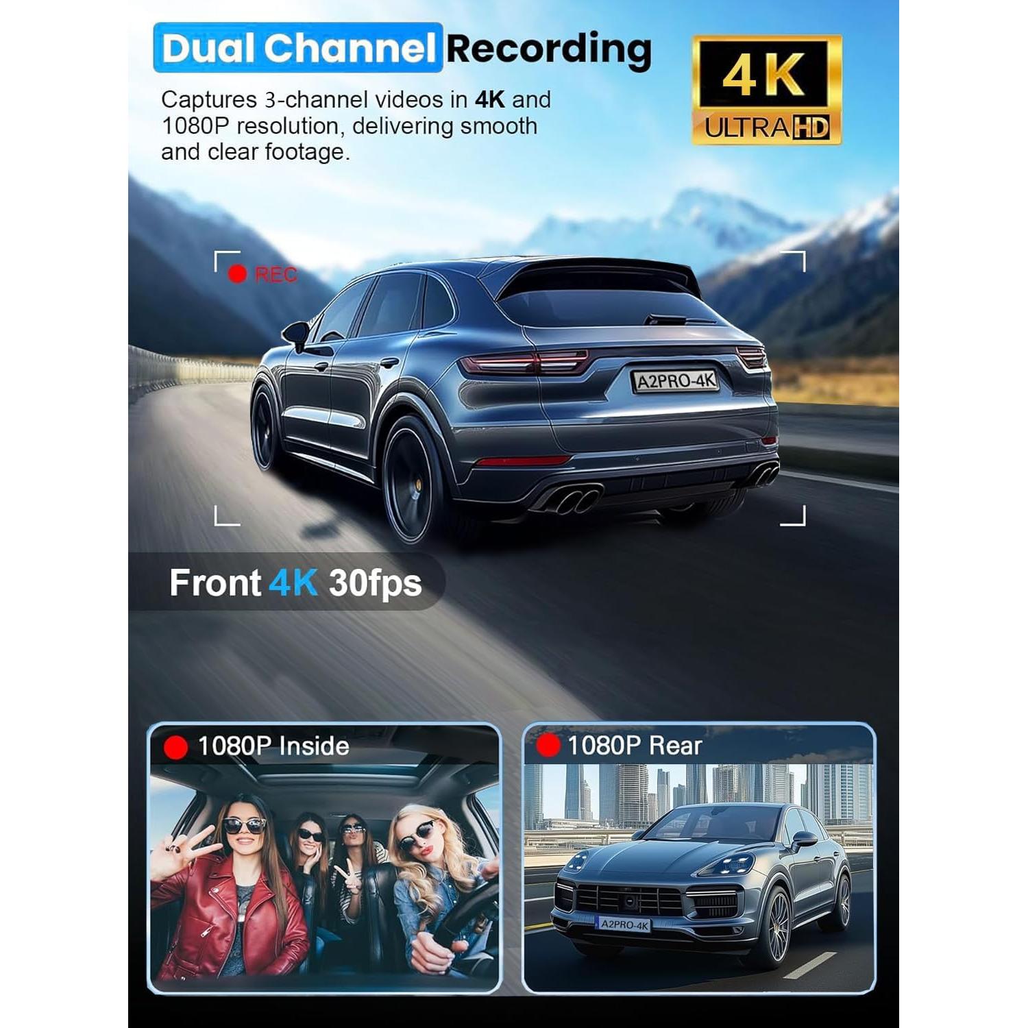 Cámara Dash 4K Wecamtx 3 Canales WiFi 5G con Tarjeta 64GB