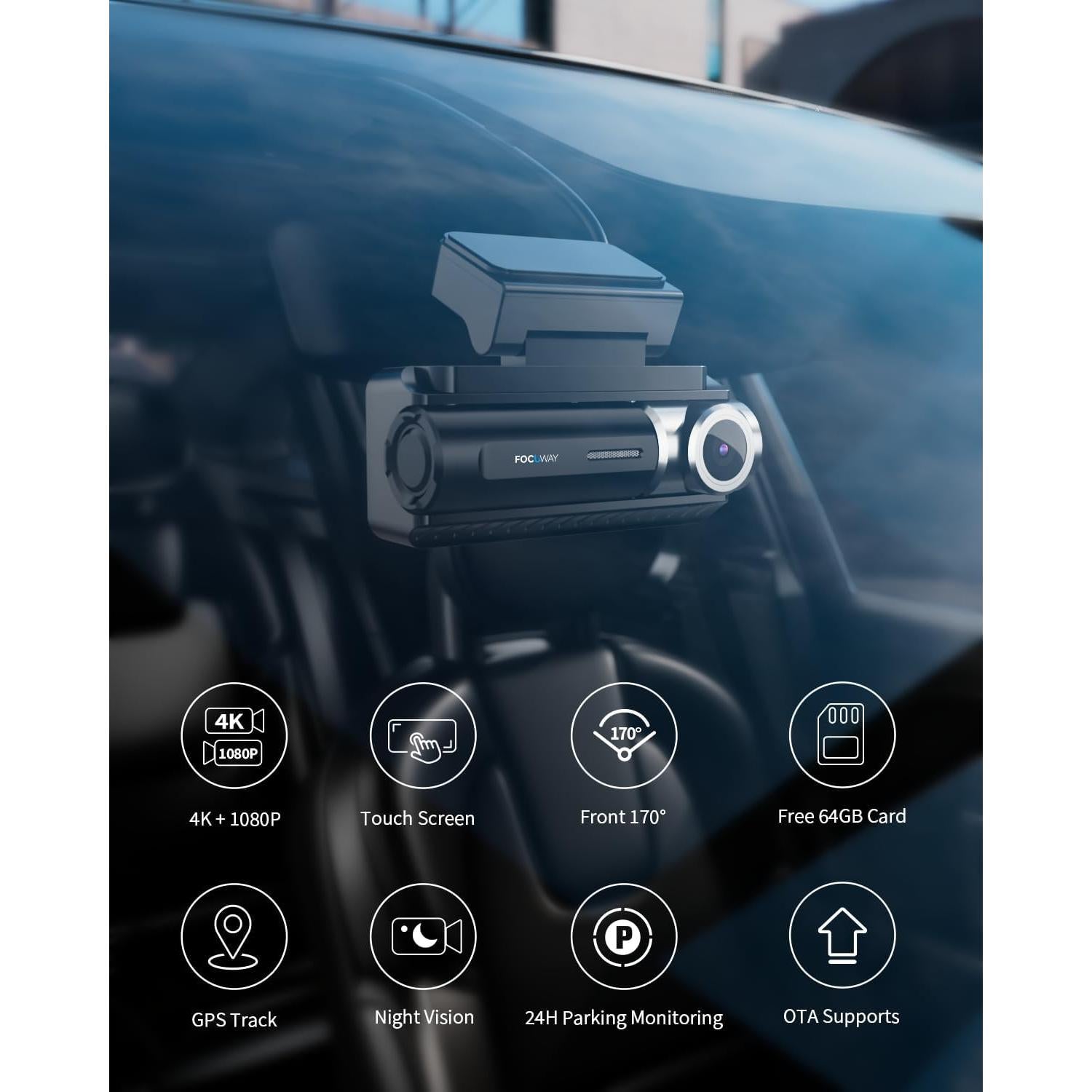 Cámara de tablero FOCUWAY D4 4K con GPS y pantalla táctil