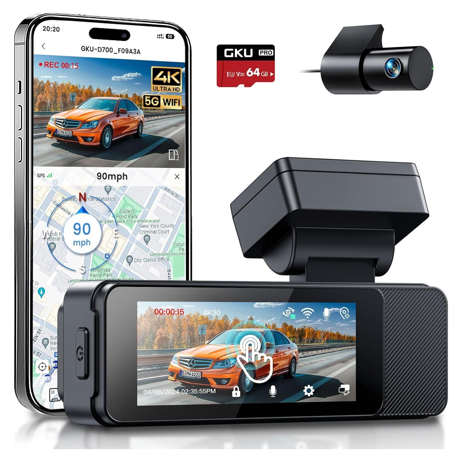 Cámara Dash GKU 4K + 1080P, Pantalla Táctil 3.18'', GPS