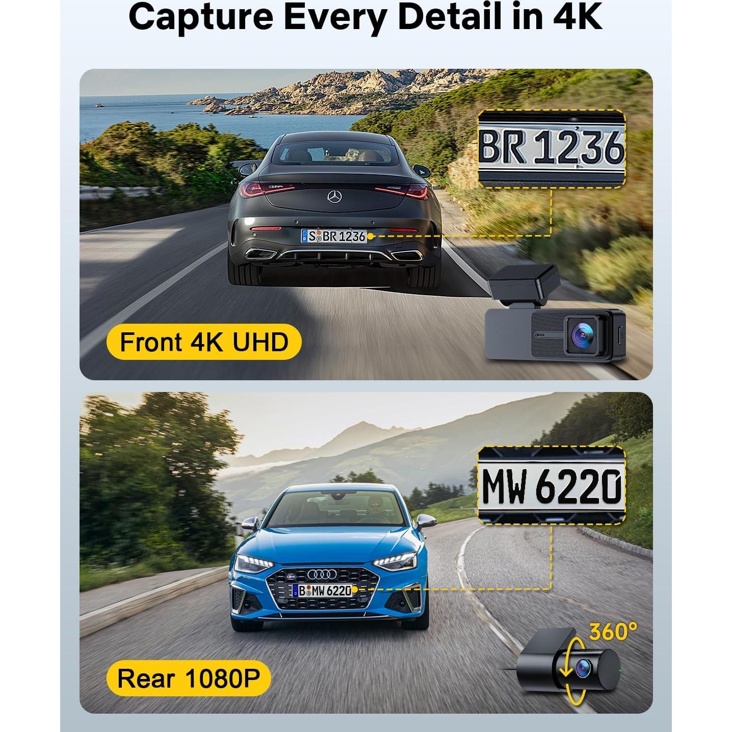 Cámara Dash GKU 4K + 1080P, Pantalla Táctil 3.18'', GPS
