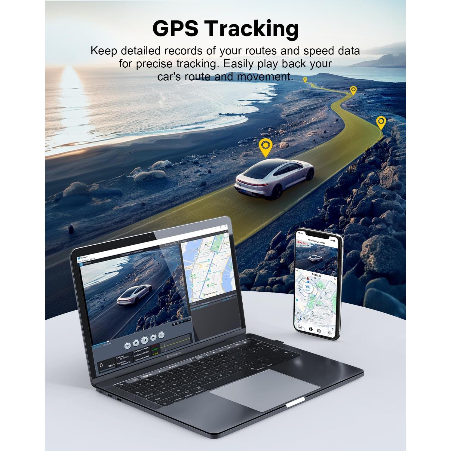 Cámara Dash GKU 4K + 1080P, Pantalla Táctil 3.18'', GPS