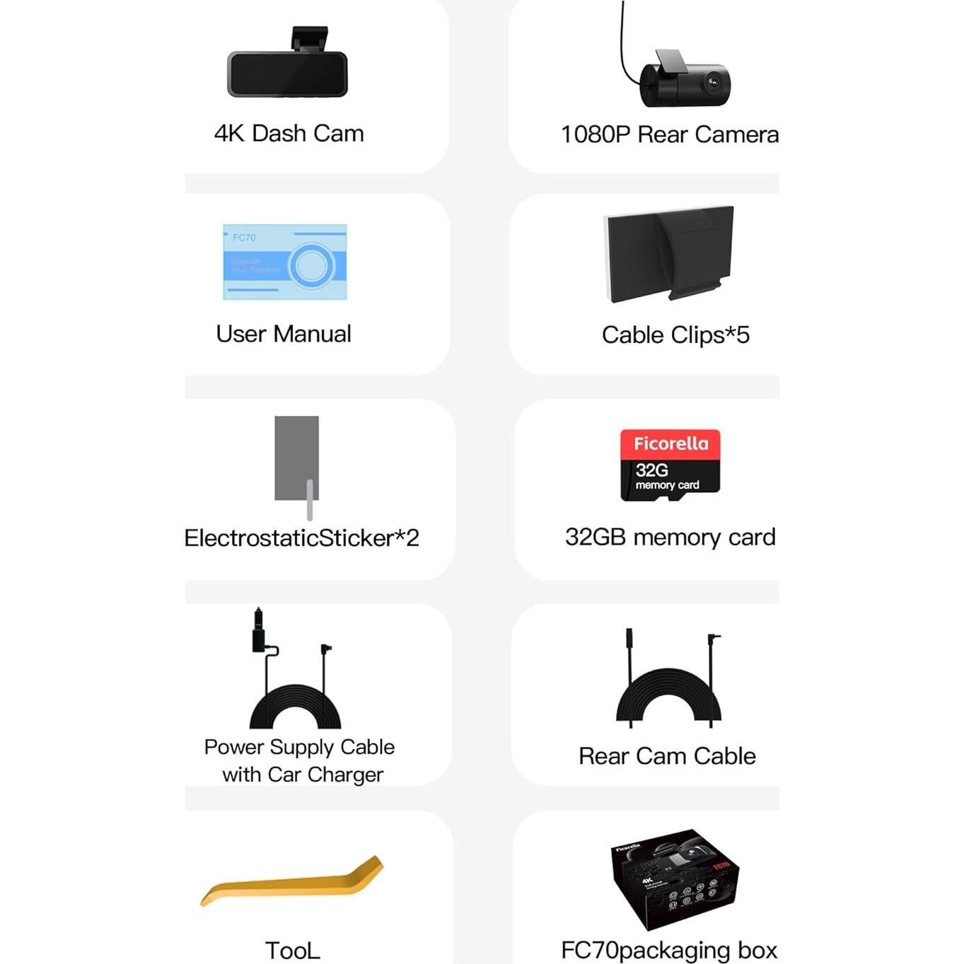 Cámara Dash 4K Delantera y Trasera Ficorella FC70 Inalámbrica