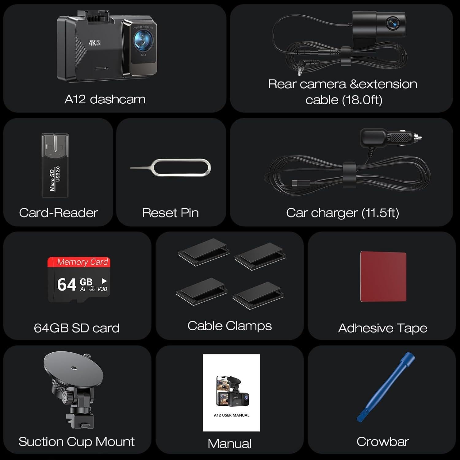 Cámara de tablero dual GOODTS A12 4K/1080P con WiFi y 64GB