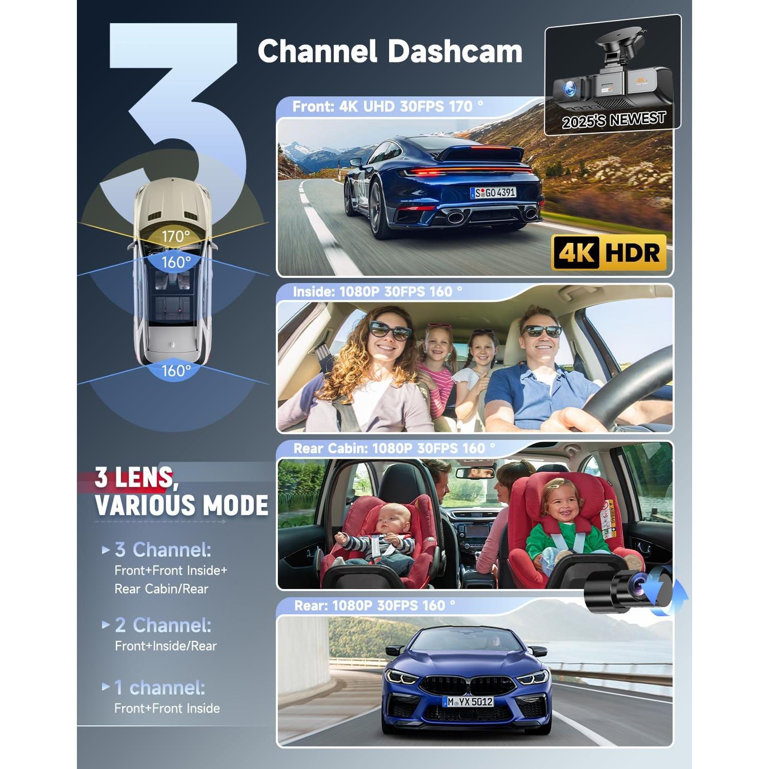 Cámara de Salpicadero 3 Canal OVAMAN K800 4K+1080P, WiFi GPS