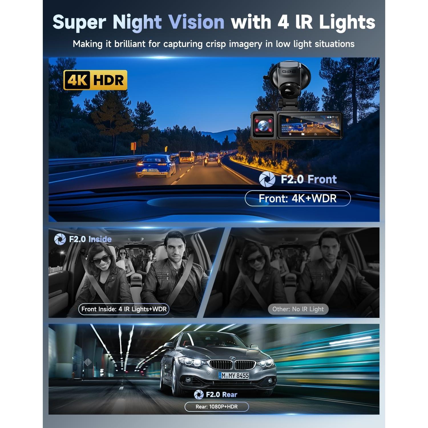 Cámara de Salpicadero 3 Canal OVAMAN K800 4K+1080P, WiFi GPS