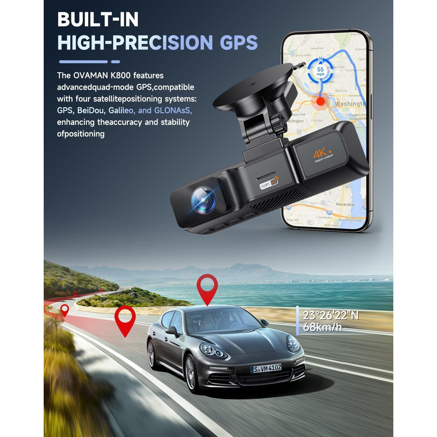 Cámara de Salpicadero 3 Canal OVAMAN K800 4K+1080P, WiFi GPS