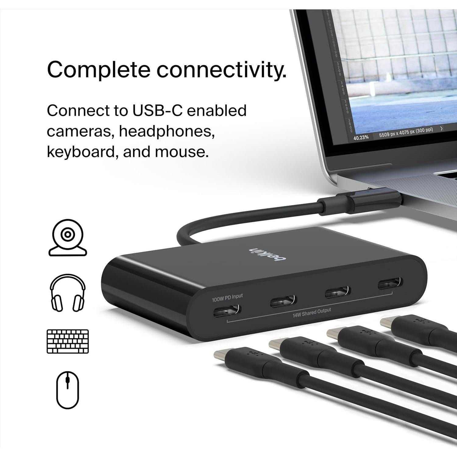 Hub USB-C Belkin 4 Puertos 10Gbps 100W PD - Negro