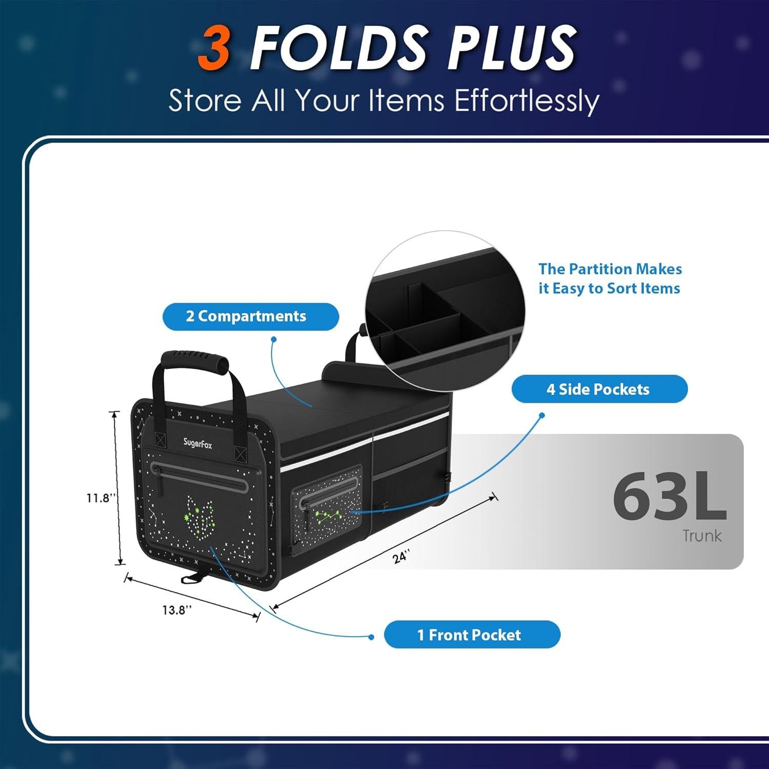 Organizador de Maletero SugarFox 63L Impermeable Plegable Negro