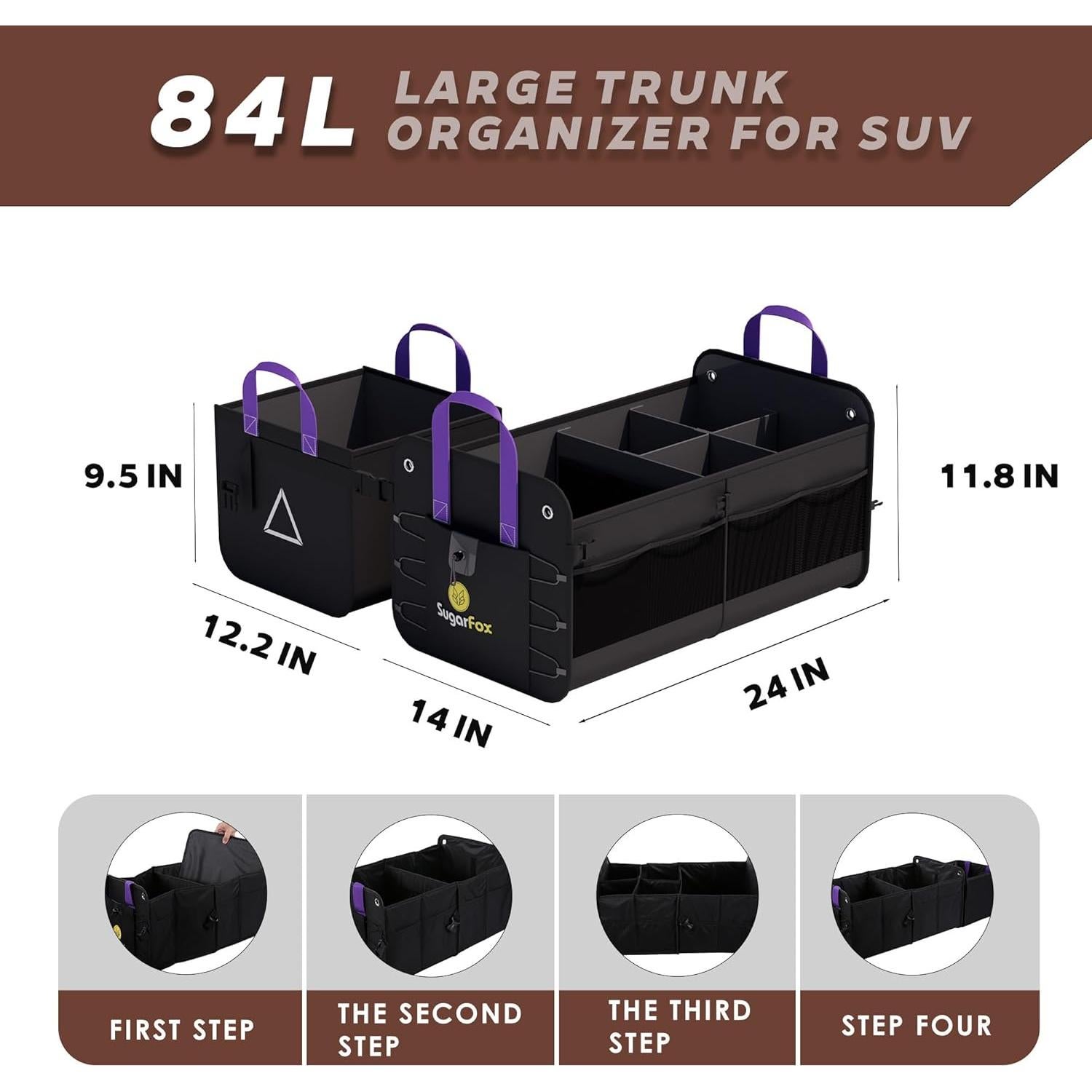 Car Trunk Organizer SUV, 84L SUV Trunk Organizer – Waterproof Foldable Modular Trunk Organizer with Mesh Pockets, Non-Slip Base, Black - M313