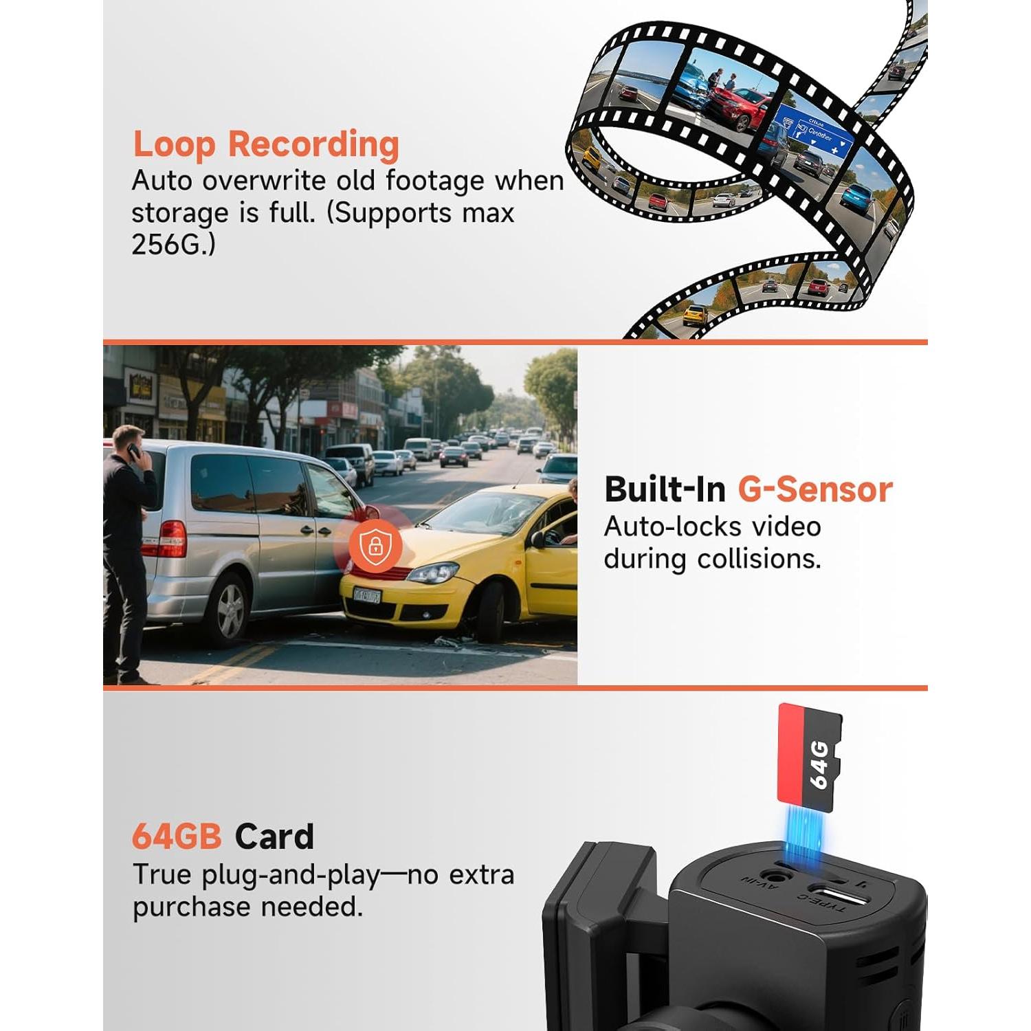 Cámara de Tablero TUIFAC GT806 2.5K + 1080P, Wi-Fi, 64GB