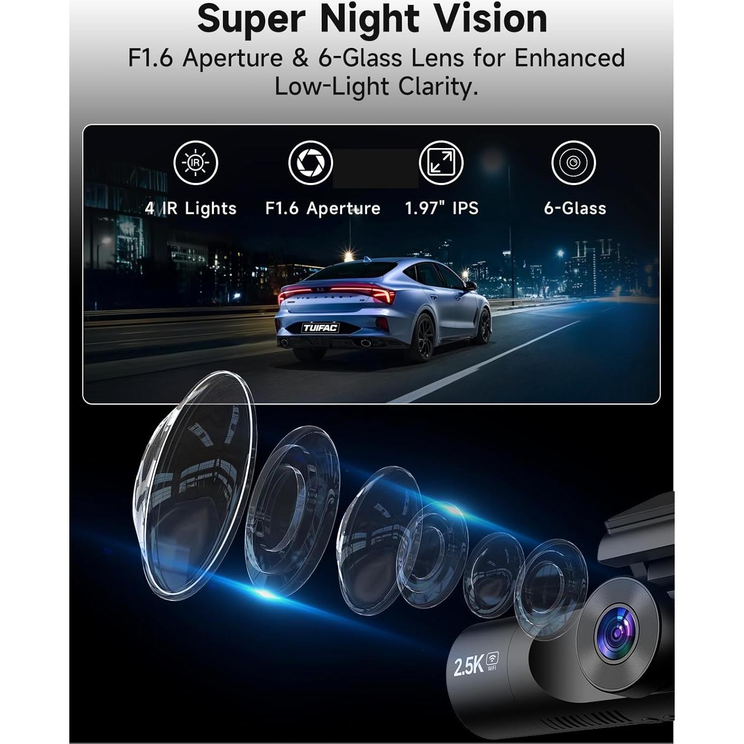 Cámara de Tablero TUIFAC GT806 2.5K + 1080P, Wi-Fi, 64GB