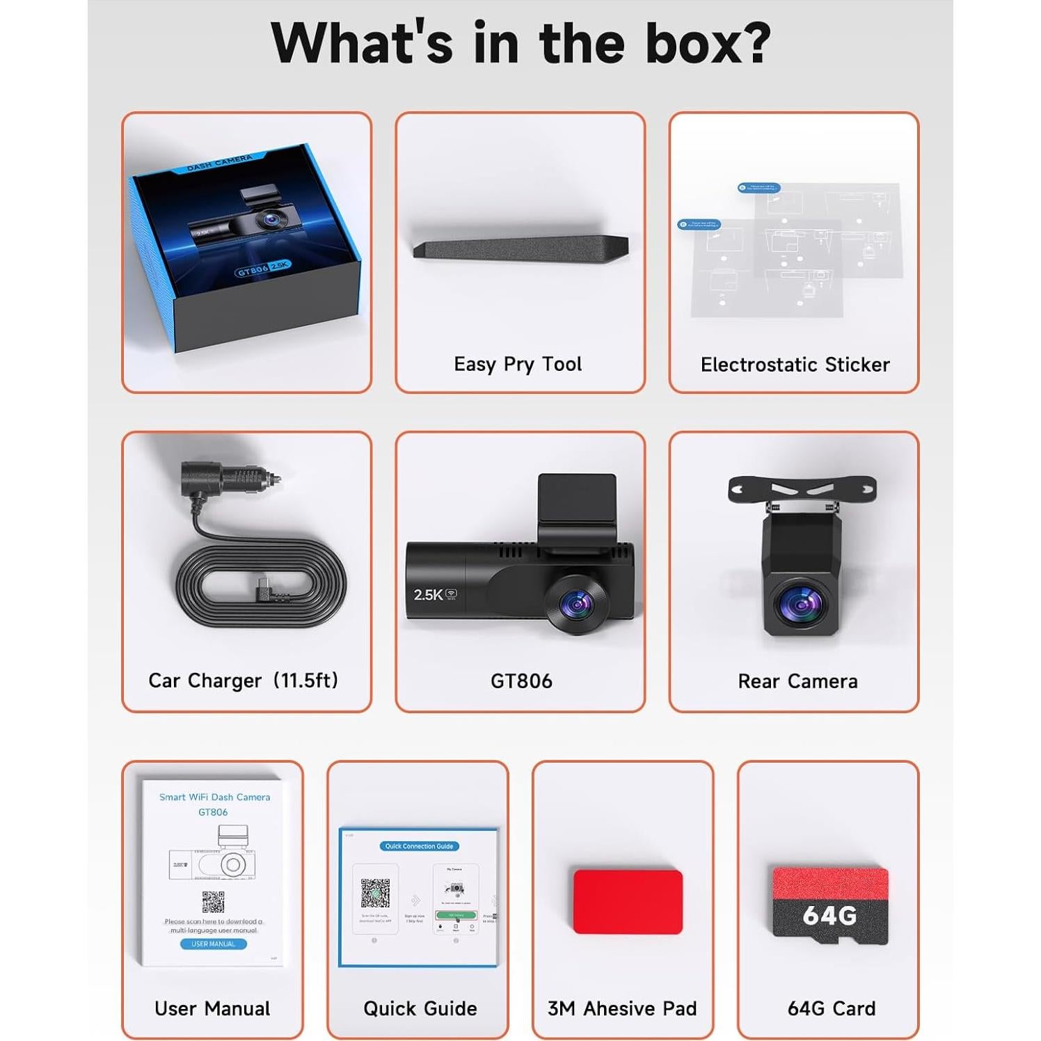 Cámara de Tablero TUIFAC GT806 2.5K + 1080P, Wi-Fi, 64GB