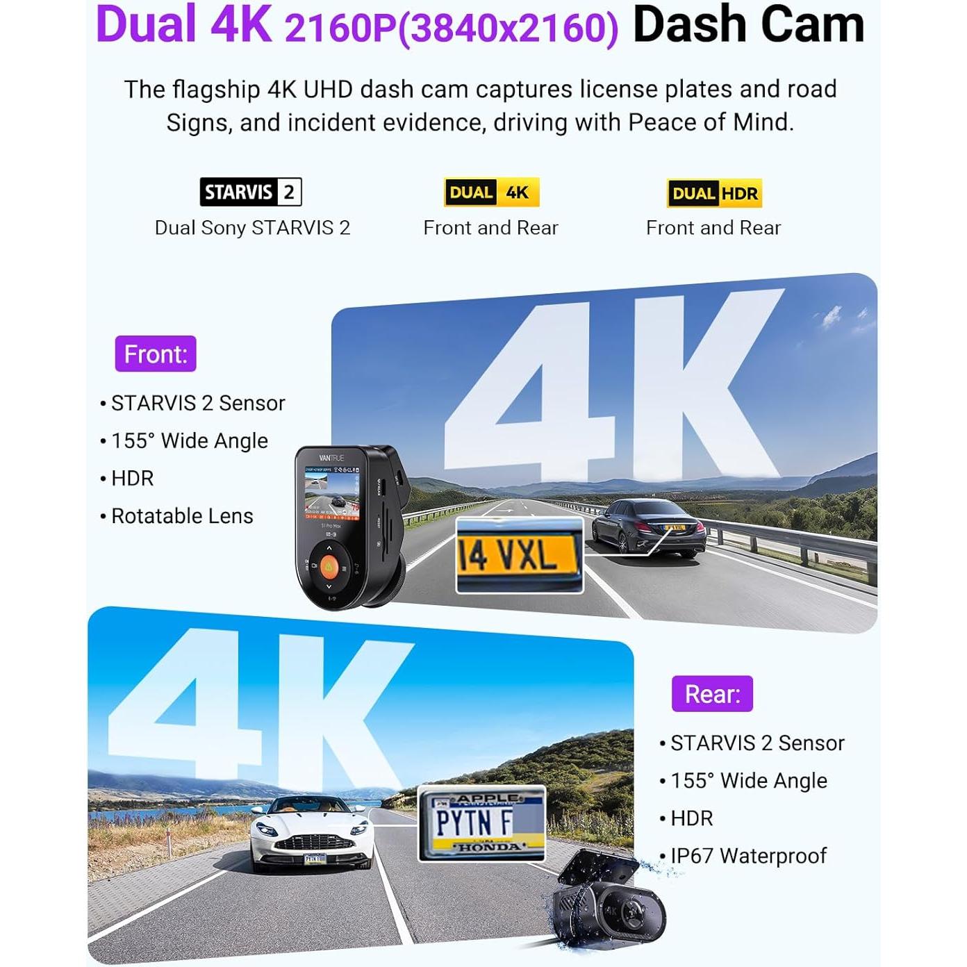 Cámara de Salpicadero Vantrue S1 Pro Max 4K Doble 2160P GPS