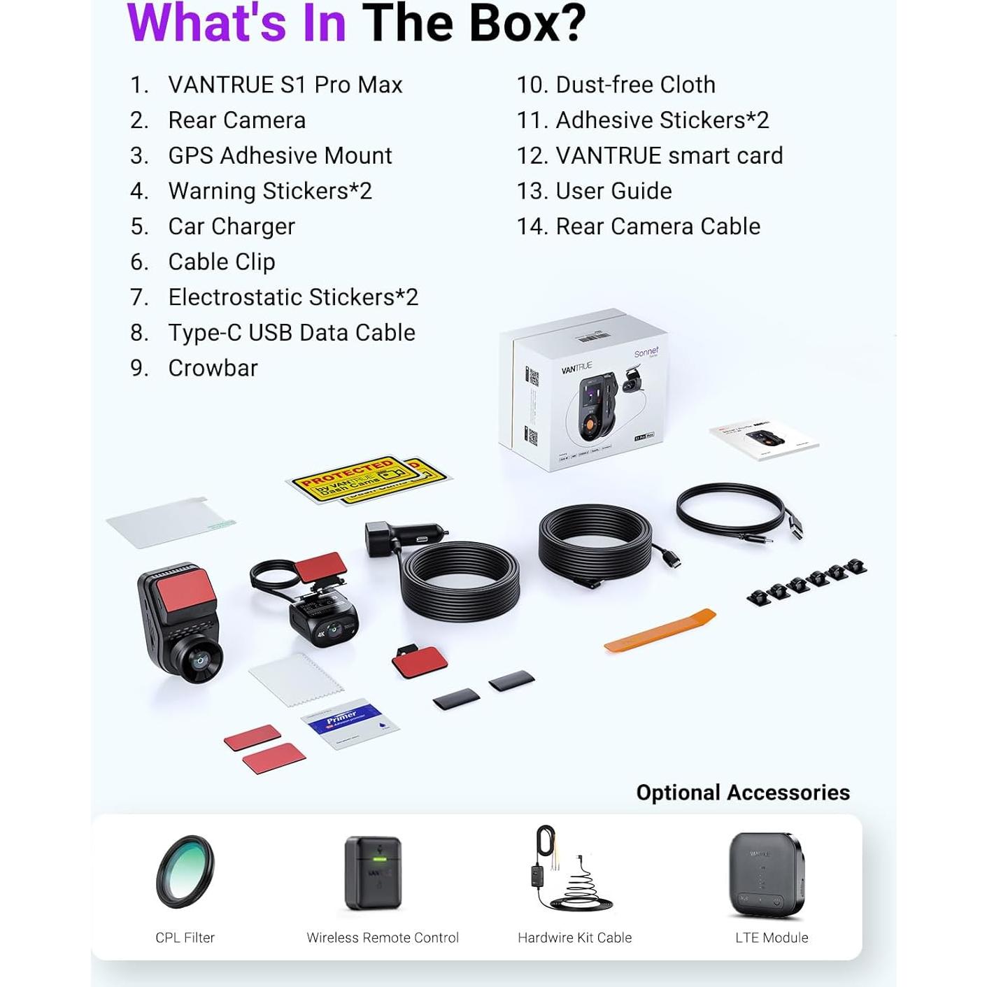 Cámara de Salpicadero Vantrue S1 Pro Max 4K Doble 2160P GPS