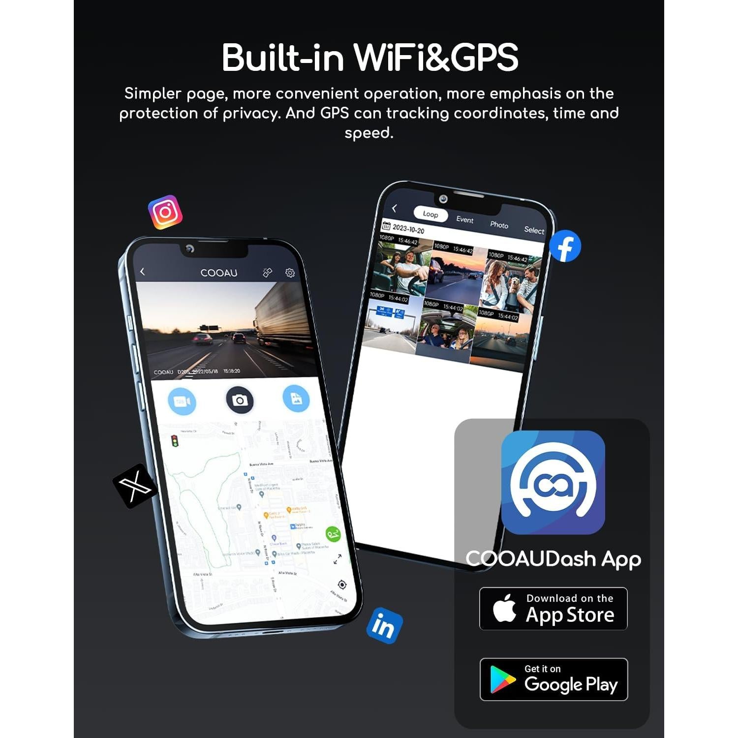 Cámara de Salpicadero COOAU D20S 4K Doble con GPS y Wi-Fi