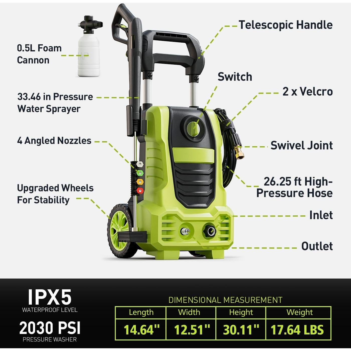 Limpiadora a Presión Eléctrica FLAWNT 2030 PSI 7.92m 4 Boquillas