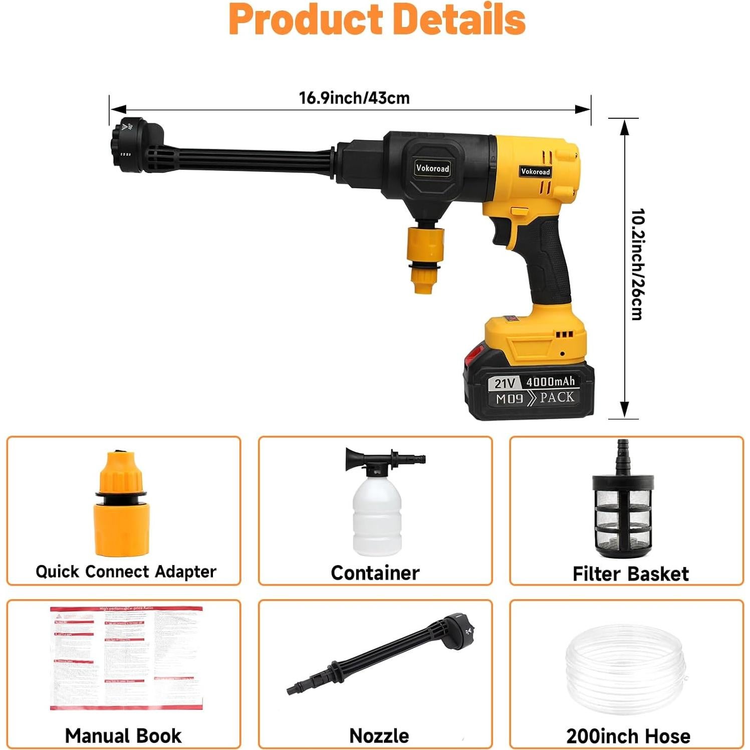 Lavadora a Presión Inalámbrica Vokoroad 1200 PSI 4.0Ah