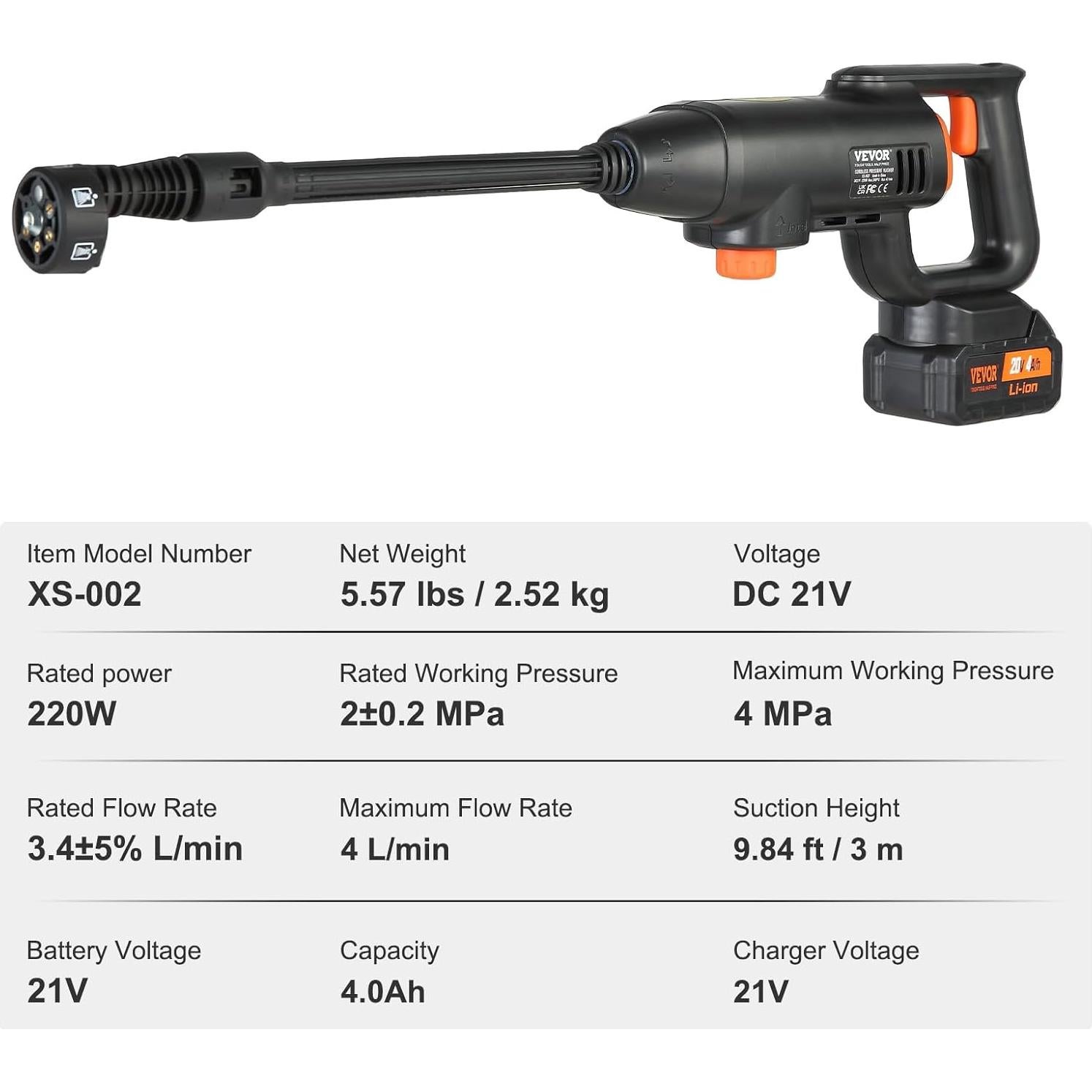 Lavadora a Presión Inalámbrica VEVOR 580 PSI 4.0Ah 6-en-1