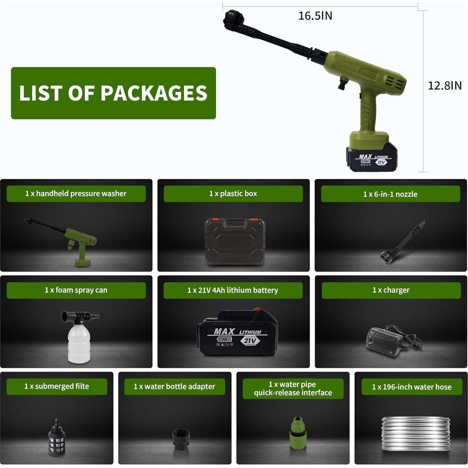 Lavadora a Presión Inalámbrica VLAIAN 1200PSI 4Ah Verde