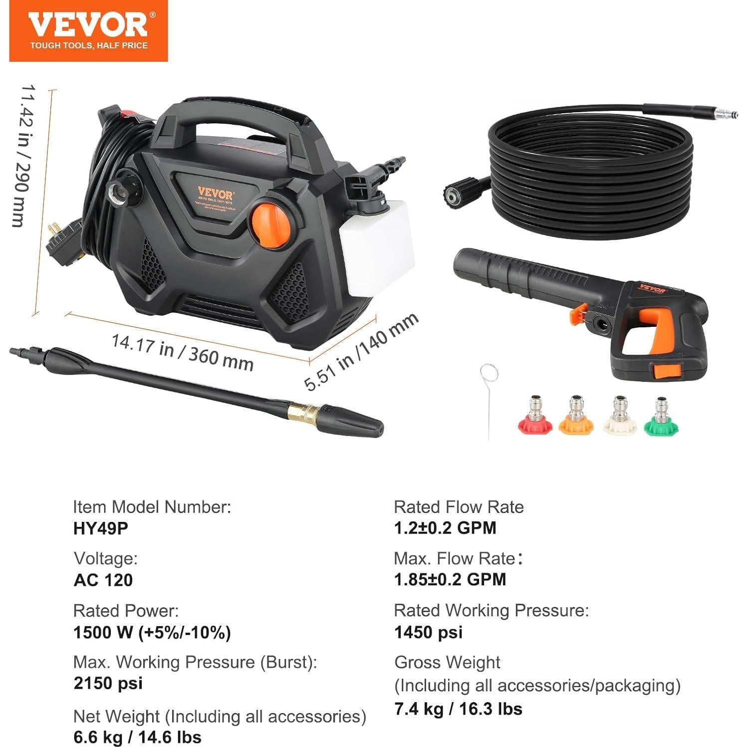 Lavadora a Presión Eléctrica VEVOR 2150 PSI 6.6 kg 5 Boquillas