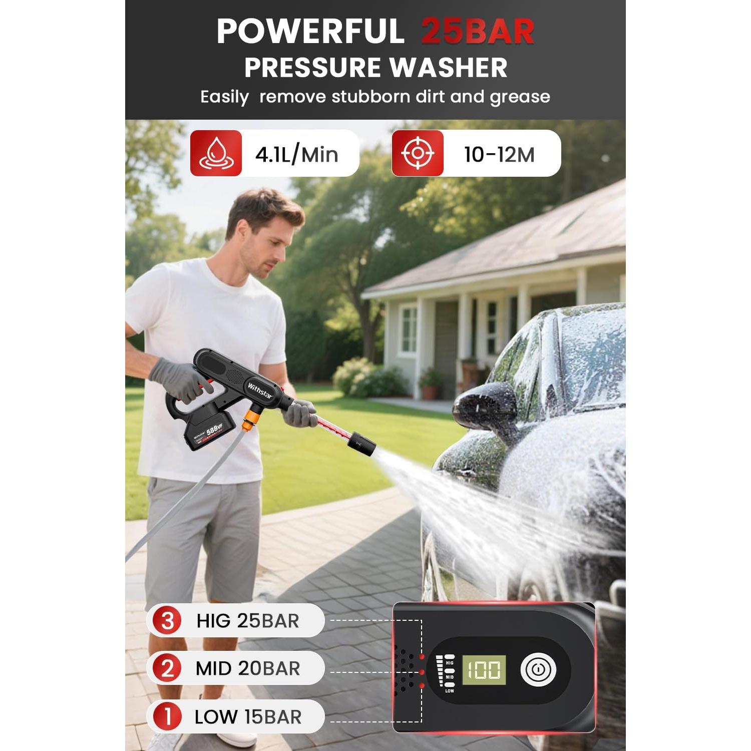 Lavadora a Presión Inalámbrica WITHSTAR 25 BAR 3.5 kg