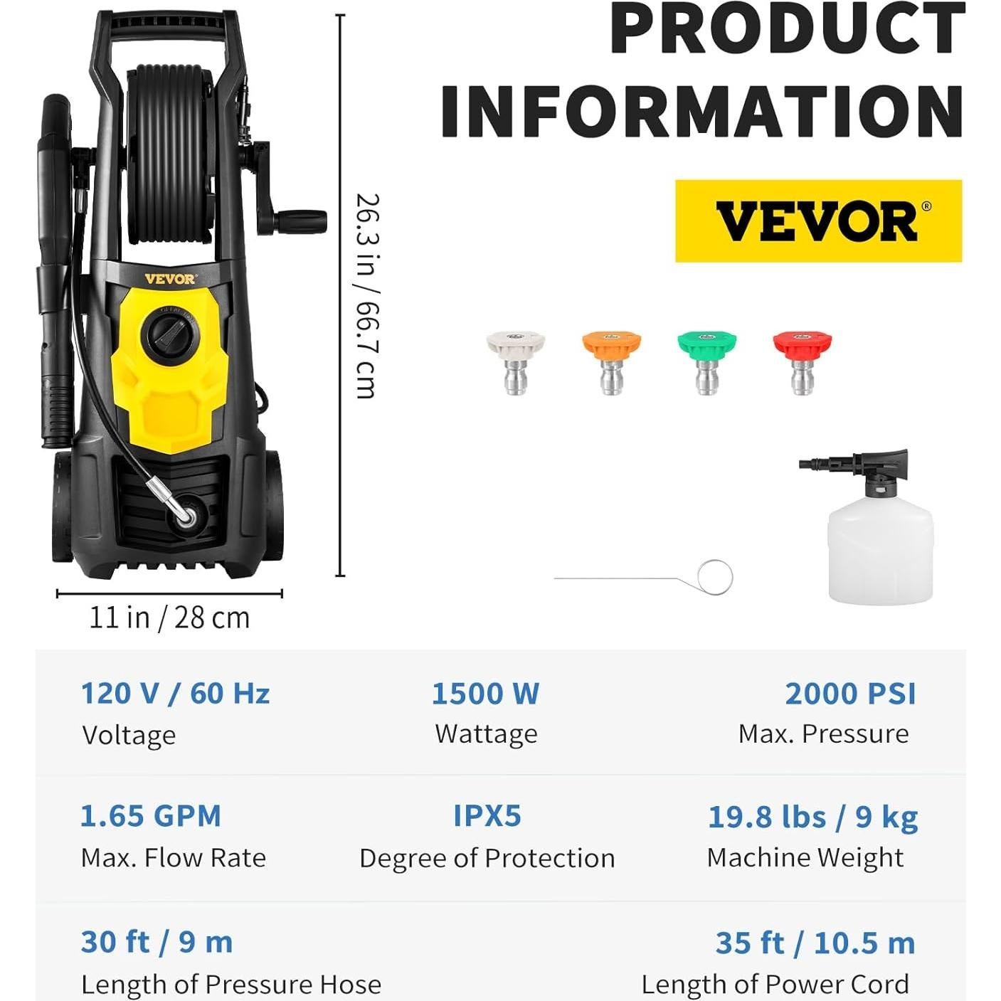 Lavadora a Presión VEVOR 2000 PSI 1.65 GPM con Manguera 6m