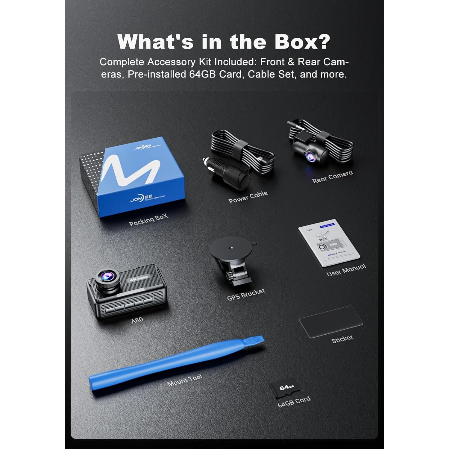 Cámara Dash JOMISE A80 4K Doble Delantera y Trasera GPS