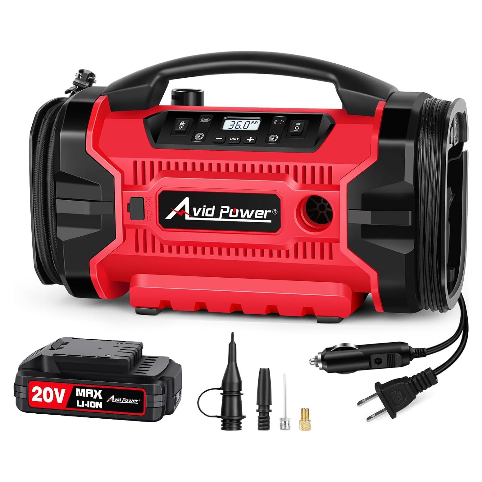 Compresor de aire portátil AVID POWER 20V, inflador rápido 32 LPM