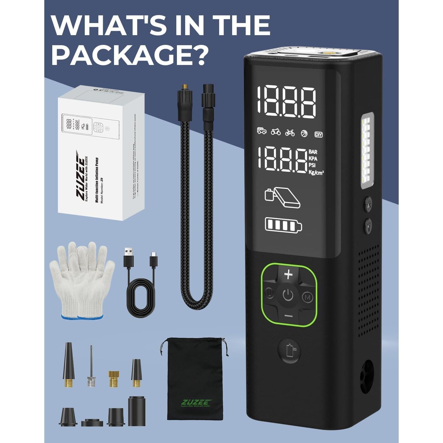 Compresor de Aire Portátil ZUZEE Z9 150PSI con Pantalla HD